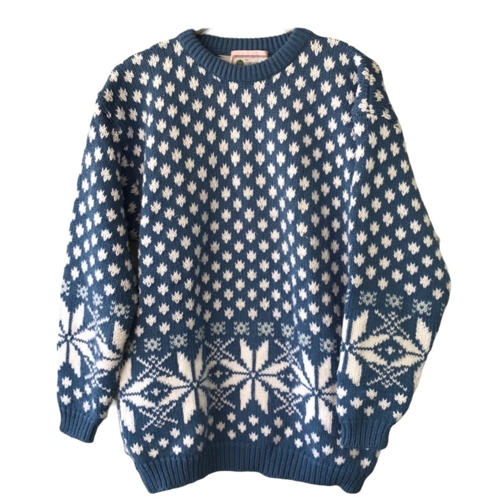 Ms. Organically Grown Sweater Women Small Chunky Knit Snowflakes Blue White